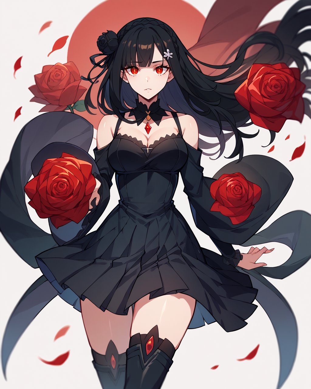 score_9, score_8_up, score_7_up, score_6_up, best quality, Emilia, black dress, (black hair:1.2), cowboy shot, cleavage, red gem, red eyes, blue pupils, black rose, black gorget, black pleated skirt, black thighboots,  <lora:Emilia-XL-V7-000002:0.7>