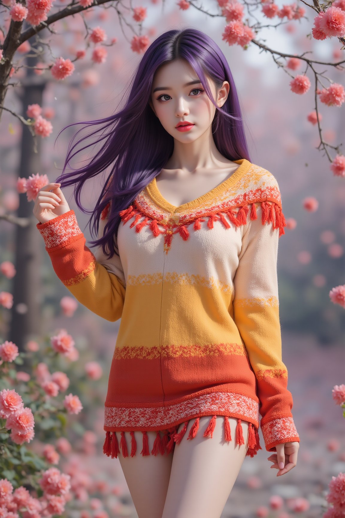 Masterpiece, the best quality, high quality, (colorful) , big breasts,,(purple hair:1.4),(long legs:1.3),Chinese scenery, best quality, masterpiece, flower wonder, 1girl, wearing a enchanting yellow and red fringed sweater outfit, sexy sweater, (flowers in various poses: 1.2), filled with the fragrance of flowers, (wreathed in mist: 1.5), like a fairyland ,****_Realistic beauty, (Perfect buttocks: 1.3), Sexy thighs, (Normal hands: 1.3), (Facial details optimization to reject a glance Ai: 1.2), (Warm white beauty filter-cold White skin beauty removes greasiness: 1.2), (Real skin texture: 1.3), <lora:极品超模V8_2.0:0.8>