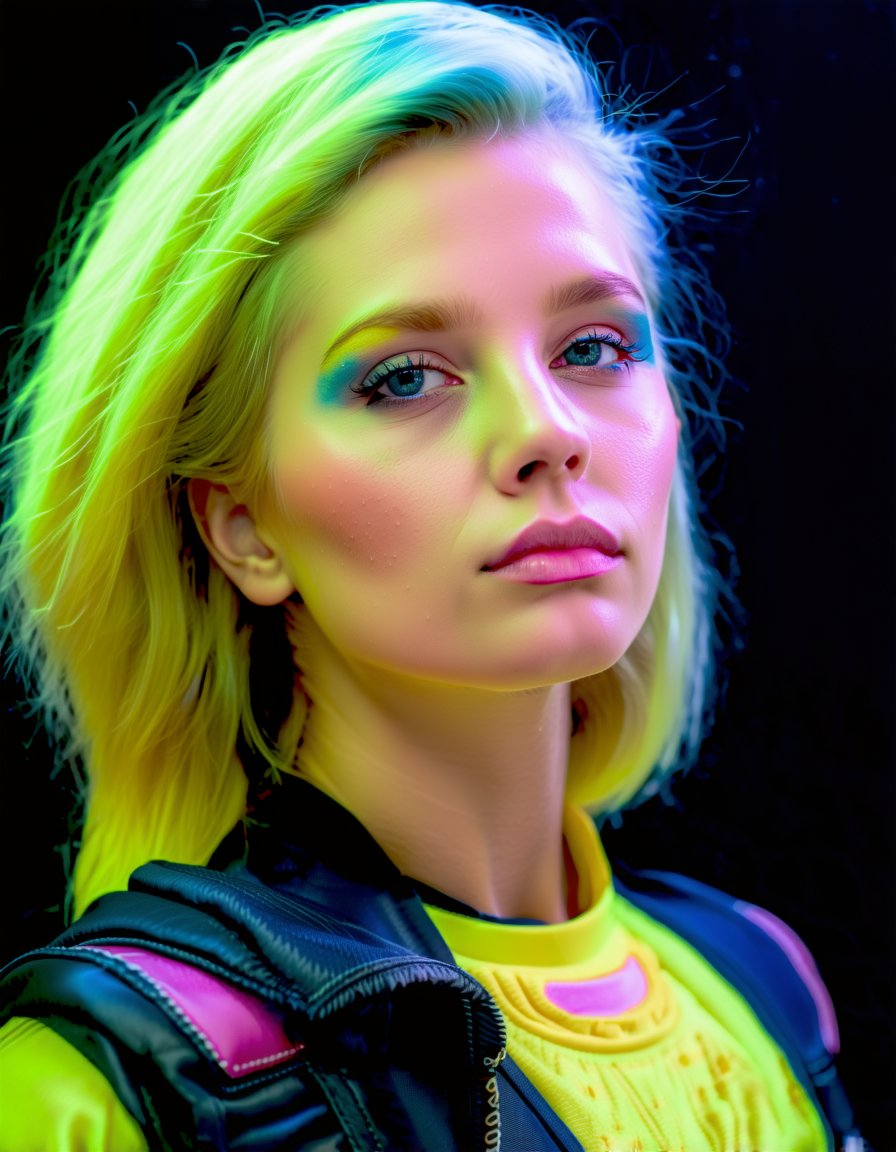 best quality, 4K, 8K, high-resolution, masterpiece, ultra-detailed, photorealistic,  a beautiful blonde woman with neon colored makeup on her face and a backpack in front of a black background, woman, long hair, looking at viewer, blue eyes, shirt, blonde hair, jacket, upper body, lips, freckles, realistic,