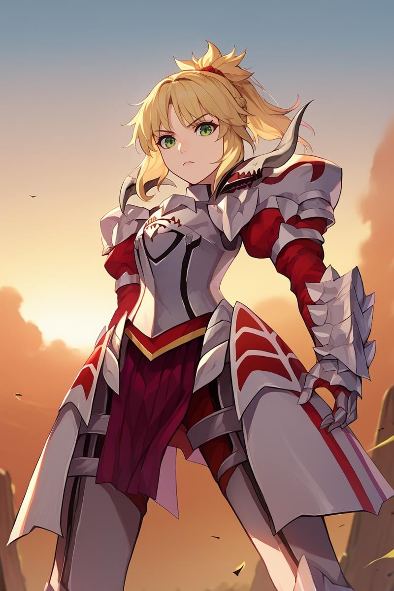 score_9, score_8_up, score_7_up, score_6_up, source_anime, BREAK solo, <lora:mordred-pdxl-nvwls-v1-000005:1> armorMord, blonde hair, green eyes, ponytail, armor, full armor, shoulder armor, gauntlets, armored boots, stepped on, from below, serious, looking at you, sunset