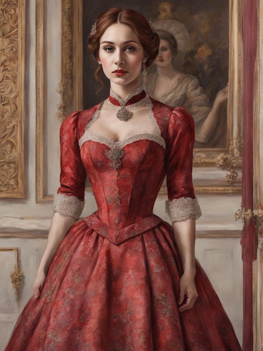 Watercolor painting beautiful woman, (red victorian dress), <lora:xl_victorian_dress-1.0:0.8>, full body, manor house . Vibrant, beautiful, painterly, detailed, textural, artistic