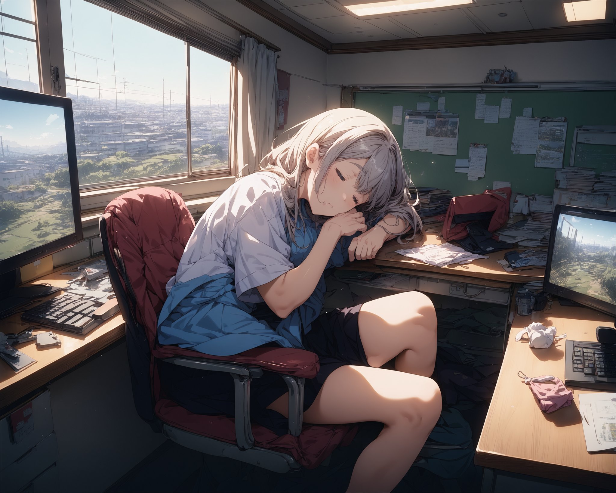 score_9,score_8_up,score_7_up,source_anime,masterpiece,best_quality,highres,absurdres,BREAK1girl,sleeping_on_chair,desk,monitor,console_room,room_interior,window,