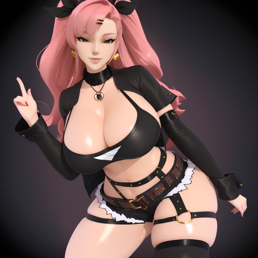 (masterpiece, best quality:1.3), Popogori1, 1girl, solo, looking at viewer, wide hips, mature female, closed mouth, seductive smile, large breasts, cowboy shot, thick thighs,  <lora:Popogori1 Style Lora:1>, nicole demara, hair ribbon, hairclip, earrings, black collar, tube top, single thighhigh, short shorts, cropped jacket, belt boots, single sock, belt, thigh strap, detached sleeves, doll,  <lora:Char-ZZZ-Nicole-V1:.8>