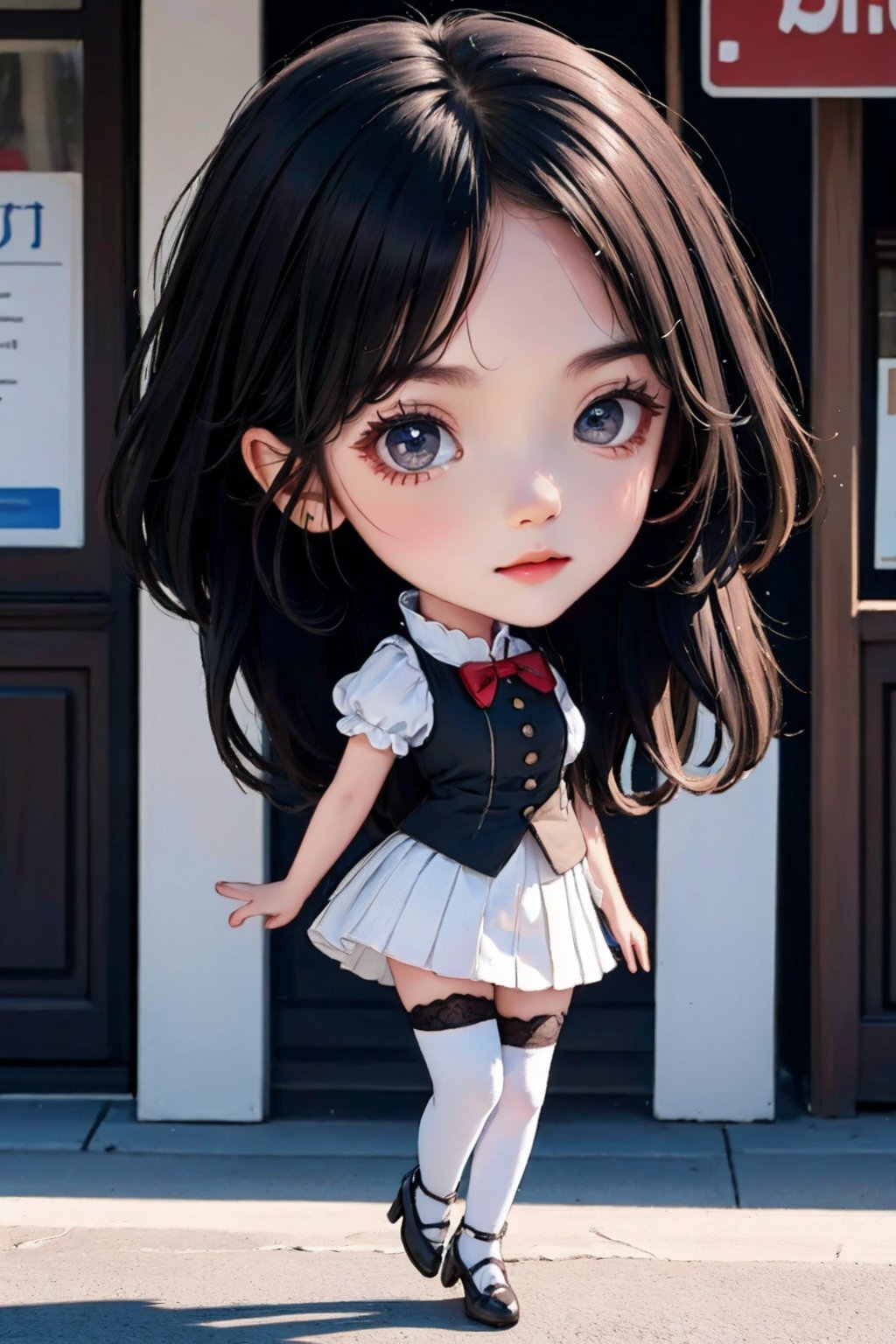 cinematic photo 1girl,brown eyes,(black long straight hair:1.2),(full body:1.2),(chibi:1.5),looking at viewer,8k uhd,dslr,soft lighting,high quality,film overlay,film grain,Fujifilm XT3,outdoors,photorealistic,realistic,solo,richly defined face,dewy skin,products shot,(high detailed skin:1.2),detailed face and eyes,natural skin texture,highly detailed skin,textured skin,skin pores,imperfect skin,visible skin detail,detailed skin texture,dynamic pose,windy,young beauty,(pleated skirt),thighhighs,thigh high nylon stockings,high heel shoes,outdoors,sun light,<lora:girl_1:1>,<lora:chibi_v1:1>,