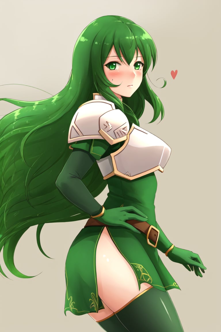 <lora:Erinys_FE-08:0.9>  Erinys fe, 1girl, solo, looking at viewer, blush, thighhighs, gloves, dress, elbow gloves, looking back, armor, short dress, shoulder armor, side slit, green dress, breastplate, green gloves, green thighhighs, pegasus knight uniform (fire emblem)