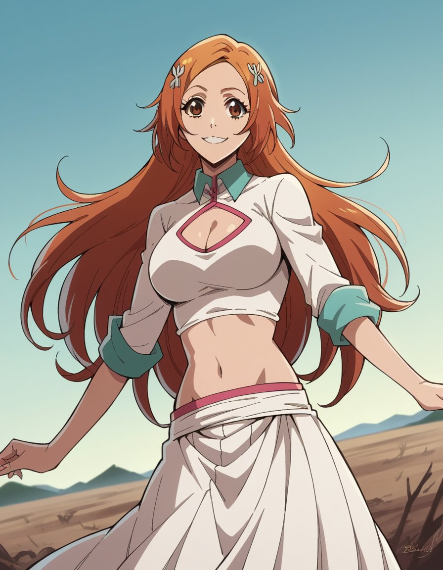 score_9, score_8_up, score_7_up, source_anime,inoueorihime, <lora:inoue-orihime-tybw-ponyxl-lora-nochekaiser:1>,inoue orihime, long hair, orange hair, brown eyes,tybwoutfit, skirt, hair ornament, navel, cleavage, midriff, clothing cutout, cleavage cutout, white skirt, long skirt, long sleeves, rolled up sleeves, white crop top,outdoors, wasteland, smile,looking at viewer, cowboy shot, dutch angle, solo,