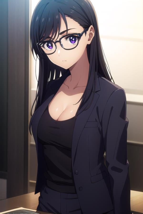 hizuruminakata, <lora:hizuru minakata s1-lora-nochekaiser:1>,hizuru minakata, long hair, black hair, glasses, (purple eyes:1.1), black-framed eyewear,BREAK shirt, gloves, cleavage, collarbone, jacket, black gloves, pants, black jacket, black shirt, black pants, formal, suit,BREAK outdoors,BREAK looking at viewer,BREAK <lyco:GoodHands-beta2:1>, (masterpiece:1.2), best quality, high resolution, unity 8k wallpaper, (illustration:0.8), (beautiful detailed eyes:1.6), extremely detailed face, perfect lighting, extremely detailed CG, (perfect hands, perfect anatomy),