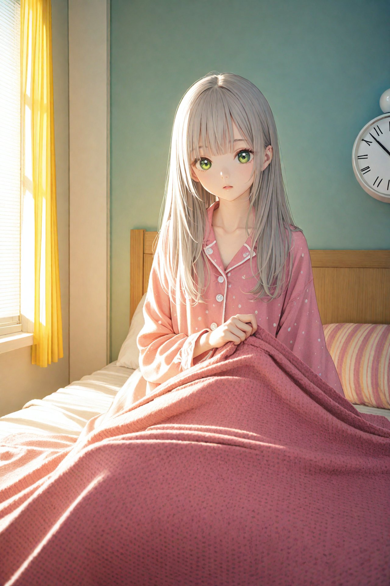 (masterpiece),(best quality),illustration,ultra detailed,hdr,Depth of field,(colorful),loli,1girl,clock,solo,alarm clock,under covers,green eyes,bed,long hair,pillow,indoors,sunlight,curtains,pajamas,grey hair,blanket,window,collarbone,bangs,