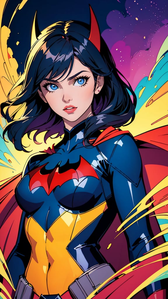 (masterpiece, best quality, highres:1.2), (intricate and beautiful:1.2), (detailed light:1.2), (colorful, dynamic angle), upper body shot, fashion photography of cute, girl (Batwoman), dressing high detailed Batwoman suit, flirting with POV, dynamic pose, soft moonlight passing through hair, (abstract colorful art background:1.3), (official art), (cinematic),