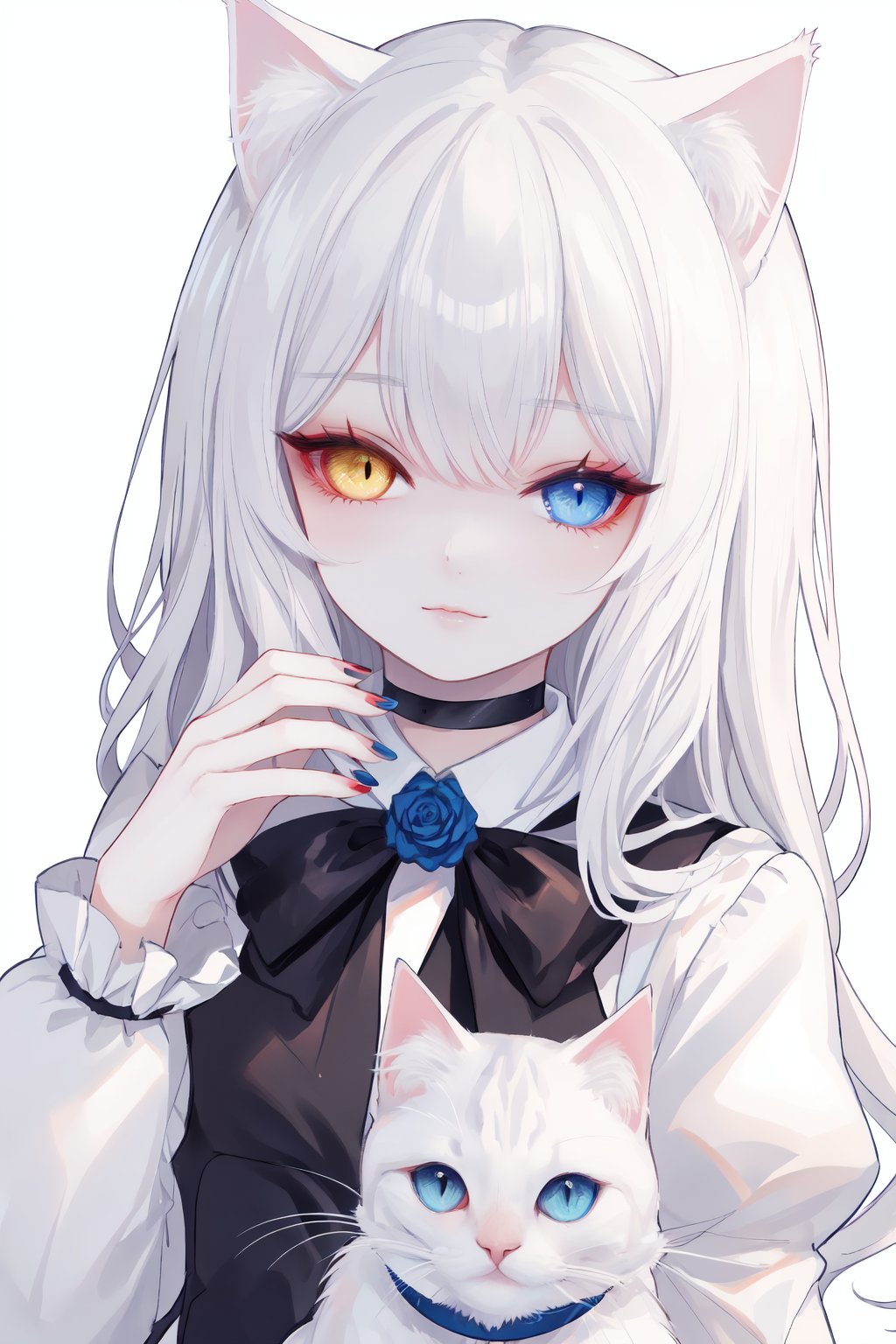 1girl, heterochromia, white background, long hair, red nails, blue eyes, simple background, white cat, long sleeves, bangs, upper body, solo, bow, nail polish, yellow eyes, holding cat, white hair, holding animal, puffy sleeves, black bow, closed mouth, holding, rose, choker, frills, white dress, looking at viewer, bowtie, collar, ribbon, blue flower, black ribbon, she style, ths97f, 65setutyh4, ae45ngol4