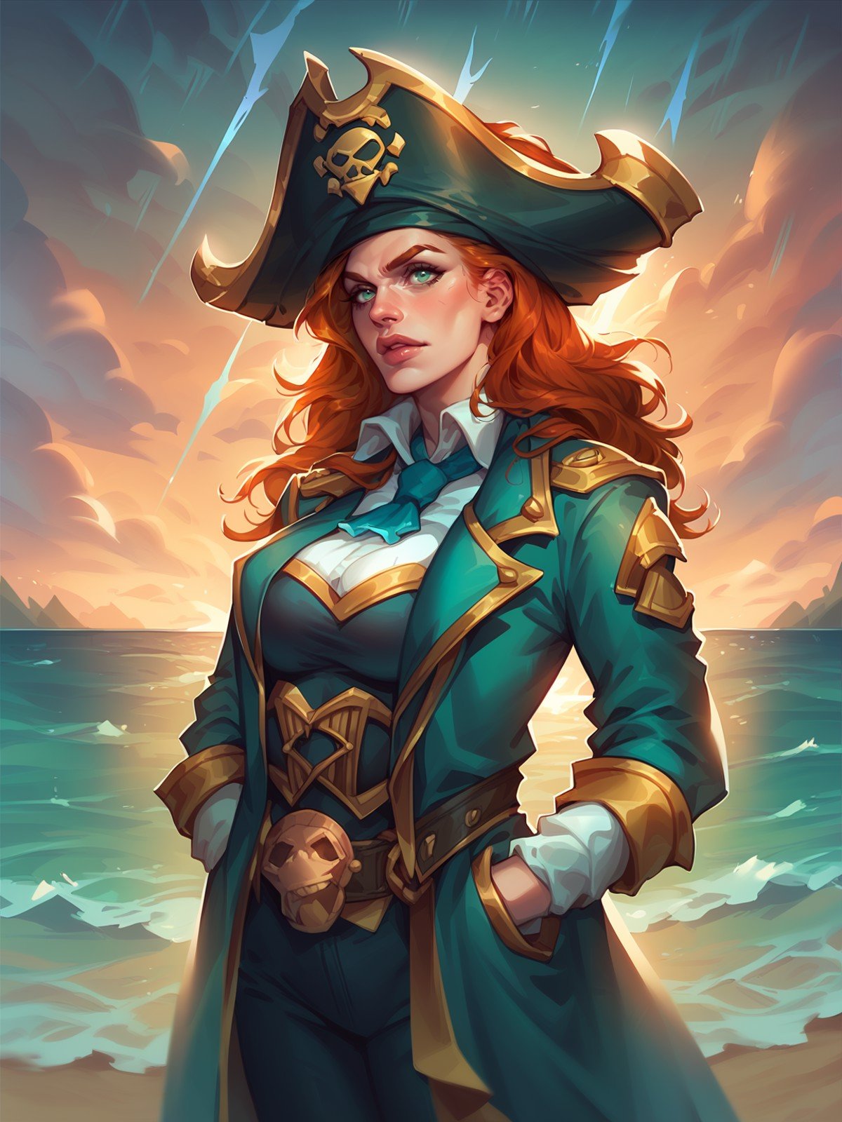 score_8_up, score_7_up, 1girl, cowboy shot of redhead pirate lady, pirate hat, long green coat, green eyes, sea, storm clouds, dark atmosphere, sunset, hearthstone style, warcraft, 