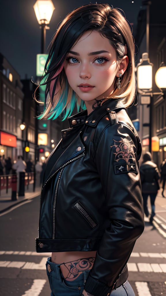 (masterpiece, best quality, highres:1.2), (photorealistic:1.2), raw portrait photo of Punk Girl, very short multicolored hair, in high detailed textured (black leather jacket), piercing, small tattoo, (most iconic photo), (intricate details), (dynamic angle), (London night), (light smile:0.3)