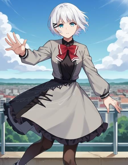 score_9, score_8_up, score_7_up, source_anime,siesta, <lora:siesta-ponyxl-lora-nochekaiser:1>,siesta, short hair, bangs, blue eyes, hair ornament, white hair, hairclip,dress, bow, bowtie, red bow, red bowtie, shirt, long sleeves, jacket, pantyhose, frills, shoes, grey jacket, open clothes, black shirt,outdoors, cityscape,looking at viewer, cowboy shot, dynamic pose,