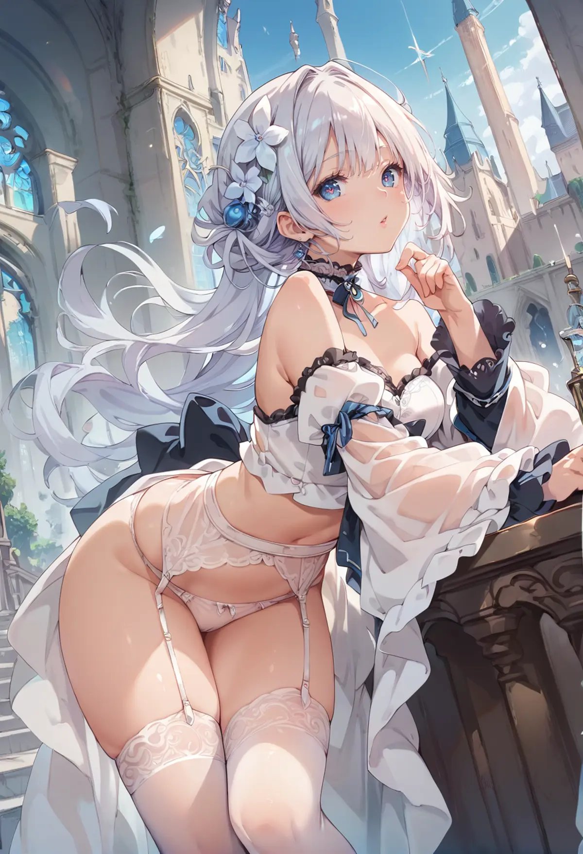 score_9,score_8_up,score_7_up,8k,hd,1girl,,ruanyi0635,bare shoulders,bow,choker,detached sleeves,garter belt,garter straps,hair flower,lace,see-through,skirt,white thighhighs,white panties,cathedral,bent over,<lora:0635 Sexy lingerie 3_v1_pony:0.9>