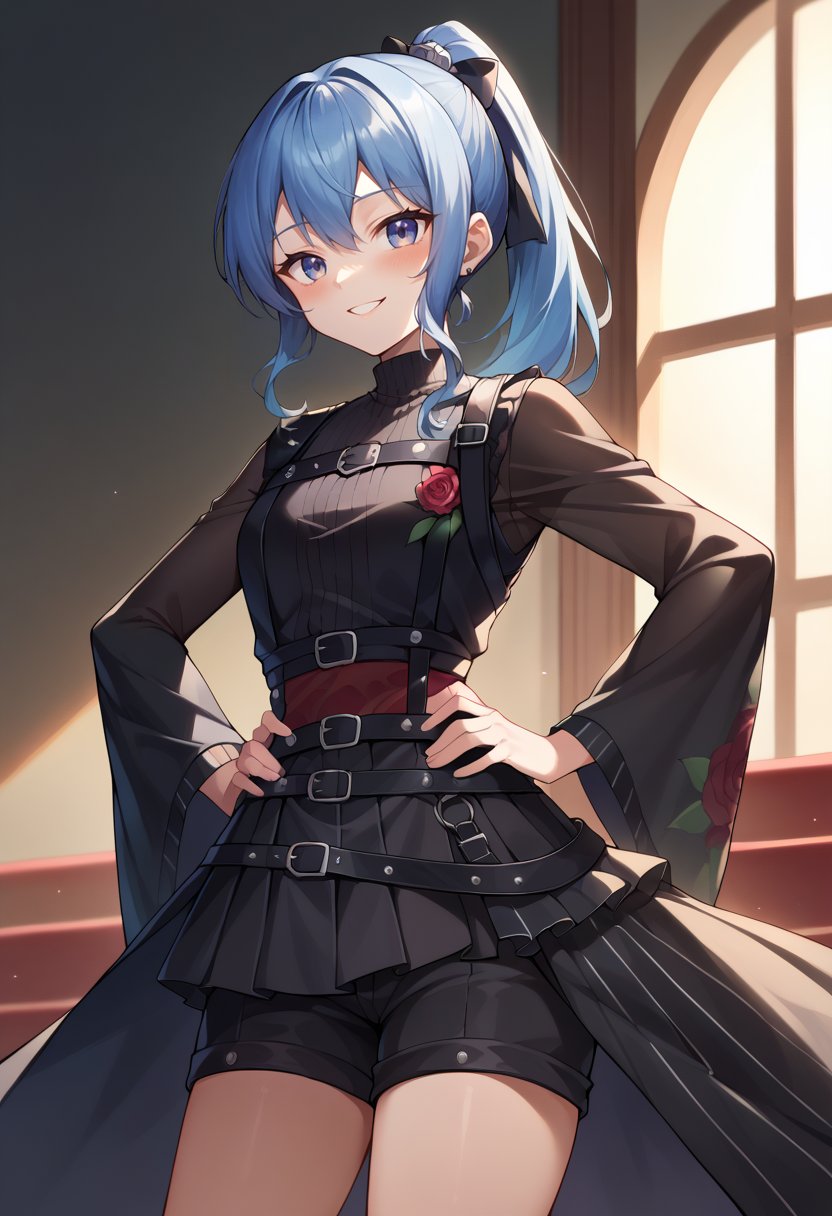 score_9, score_8_up, score_7_up,  SuiseiCrisis, ponytail, turtleneck, black shirt, rose print, mismatched sleeves, chest harness, black shorts, overskirt, waist cape, on stage, spotlights, hands on hips, smile, :d, blush, <lora:HoshimachiSuiseiPDXL:1>