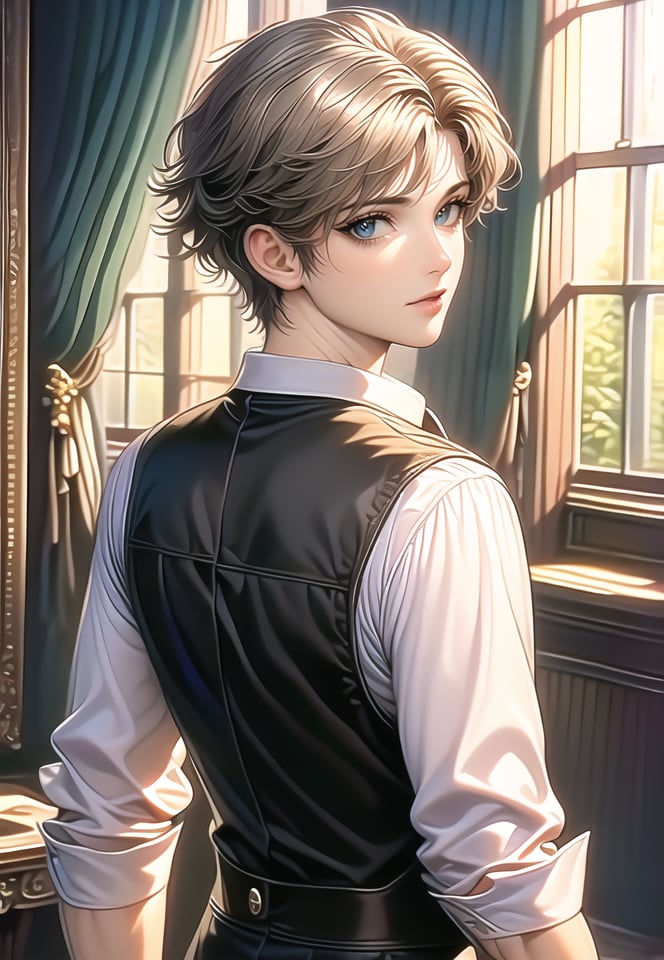 (best quality), ((masterpiece)), (highres), illustration, original, extremely detailed,solo, shirt, short hair, white shirt, looking at viewer, window, blue eyes, indoors, looking back, upper body, vest, sleeves rolled up, picture frame, collared shirt, blonde hair, 1girl, from behind, closed mouth, necktie, sunlight, black necktie, bangs, day, curtains, 1boy