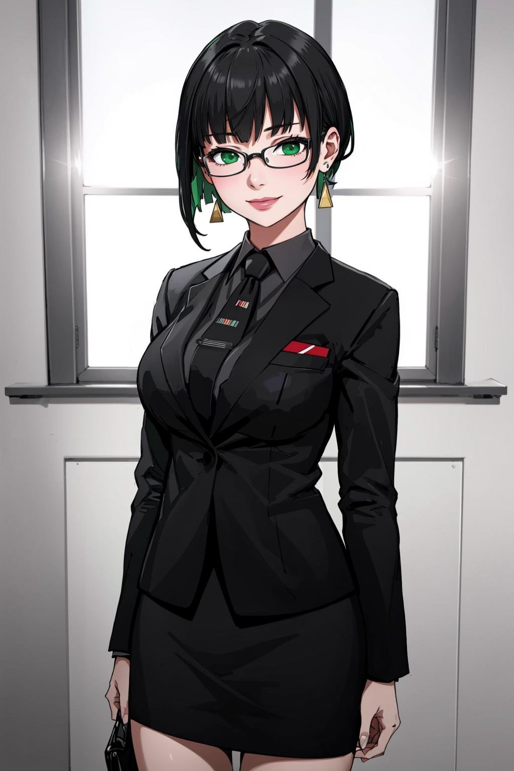 ((Masterpiece, best quality,edgQuality))smiling,solo,1girl,posing for a picture,edgAllmind,blunt bangs,two tone hair,earrings,black suit,necktie, green eyes,skirt,glasses<lora:edgArmoredCore6Allmind:0.8>