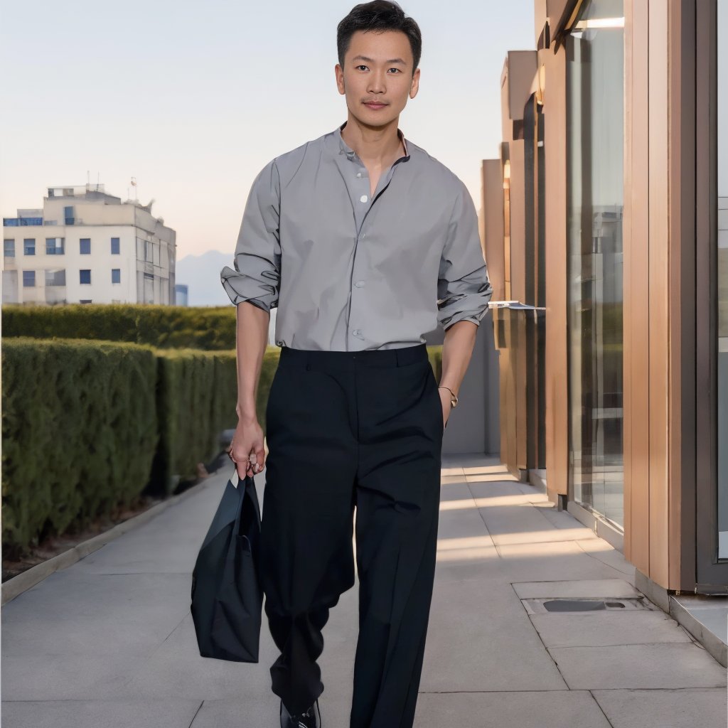 ParisM2Fashion, 1boy, solo, male focus, shirt, white background, simple background, hand in pocket, pants, bag, full body, grey shirt, looking at viewer, brown pants, walking, shoulder bag, standing, black hair, shoes, dark skin, brown hair, parted lips,outdoors, building, photo background, , <lora:SD1.5_ParisM2Fashion.v2.0:0.8>