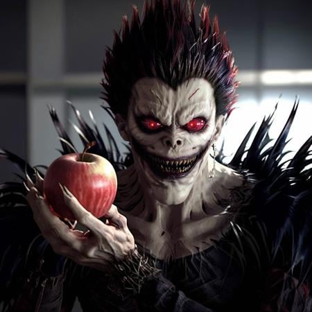 Ryuk1024, a demon, eating a red apple, highly detailed, photography, ultra sharp, film, bokeh, professional, 64k  <lora:add-detail-xl:1.5> <lora:Ryuk1024-000544:0.8>