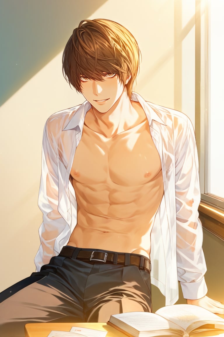 score_9, score_8_up, score_7_up, score_6_up, score_5_up, rating explicit, male focus, 1 boy, 18 years old, sexy, death note, light Yagami from Death Note, brown hair, brown eyes, evil smile, open shirt(see-through), highly detailed nipples, japanese school uniform, pants, in school, sitting on a school desk, books, perfect lighting, amazing quality, best aesthetic, light_yagami, Expressiveh,d34thn0t3<lora:EMS-335737-EMS:1.000000>, <lora:EMS-355670-EMS:1.000000>, <lora:EMS-432973-EMS:0.800000>