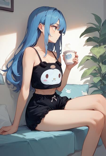 score_9, score_8_up, score_7_up, score_6_up, source_anime, <lora:bunny_cute_suit_v0.9-pony:1> 1girl, blue hair, long hair, black camisole, bloomers, sitting, holding cup, looking to the side, crop top, print,