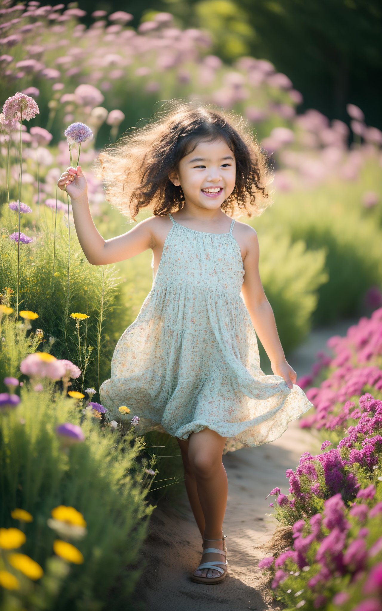 A young girl,adorned in a delicate sundress,gracefully tiptoes through a vibrant sea of wildflowers. Her golden curls bounce as she bends to pluck each blossom,her laughter mingling with the sweet fragrance of the flowers. Sunlight filters through the petals,casting a soft glow on her cherubic face,creating a scene of pure joy and innocence,