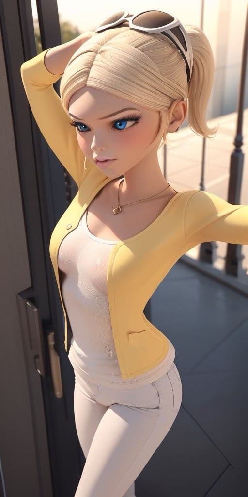 Hyperrealistic, photorealistic, super detailed, (unbuttoned yellow jacket), (white T-shirt), white jeans, expressive brilliant cobalt blue eyes, perfect face, pale pink lips, light honey blonde hair, hair parted in the middle while pulled back into a high ponytail held in place by a white hair tie, pale light grayish cerulean eye-shadow, light scarlet blush, pale, light pink lipgloss, body like in real life, large pores, fair skin, slender, beautiful arms, very little very flat breasts, unreal engine, octane render, droped shadow, bokeh, cinematic lighting, <lora:add_detail:0.5>, <lora:Volumetric_lighting:0.6>, Chloe Bourgeois, , <lora:a24b2644-9452-483e-9fb6-638ba1ae90ac:0.7>