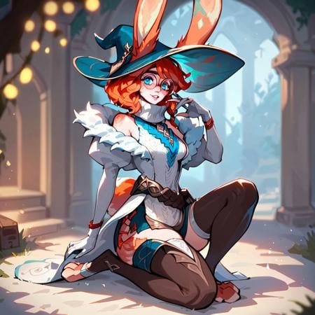 (((beautiful, high quality))), score_9, score_8_up, score_7_up, full body,AuroraLOL, 1girl, ginger hair, freckles, rabbit ears, rabbit tail, earring,round glasses, witch hat, sleeveless sweater, white jacket with fur, white fingerless gloves, rope belt, blue shorts, thighhighs,blurred background, looking at the viewer, posing,