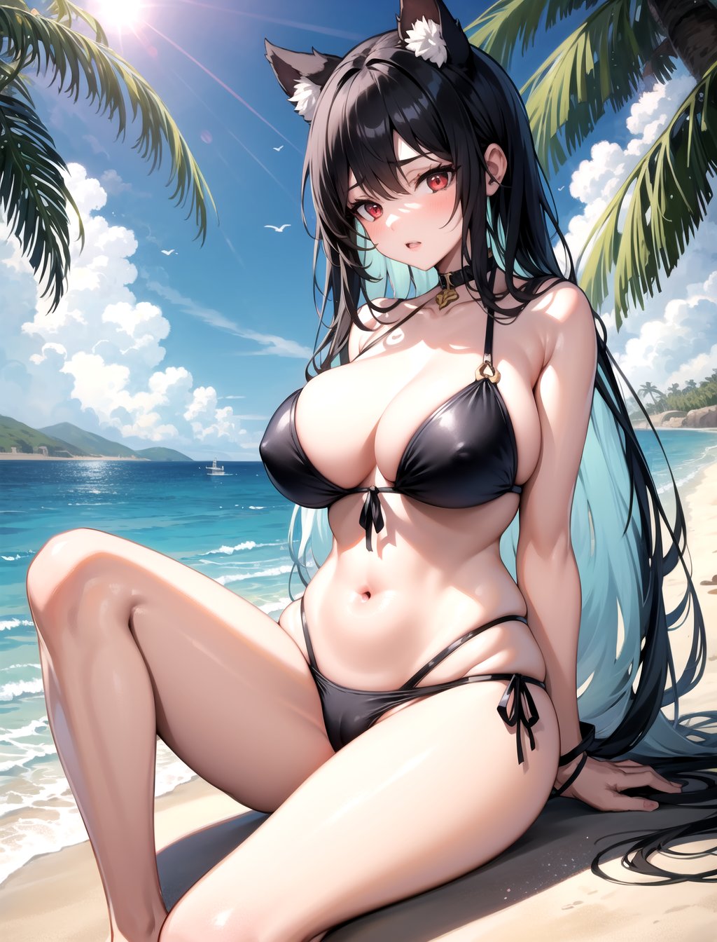 masterpiece, best quality, 1girl, large breasts, red eyes, long hair, wide hips, bikini, animal ears, beach, black hair, sunny sky, sunlight, water, palm tree, sitting, pussy,