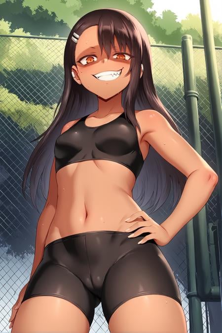 <lora:gesugao_v1_pruned:1>, gesugao, evil grin, constricted pupils, shaded face, nagatoro hayase, by m-da s-tarou, hand on hip, solo, black sports bra, bike shorts, outdoors, from below, standing, looking at viewer
