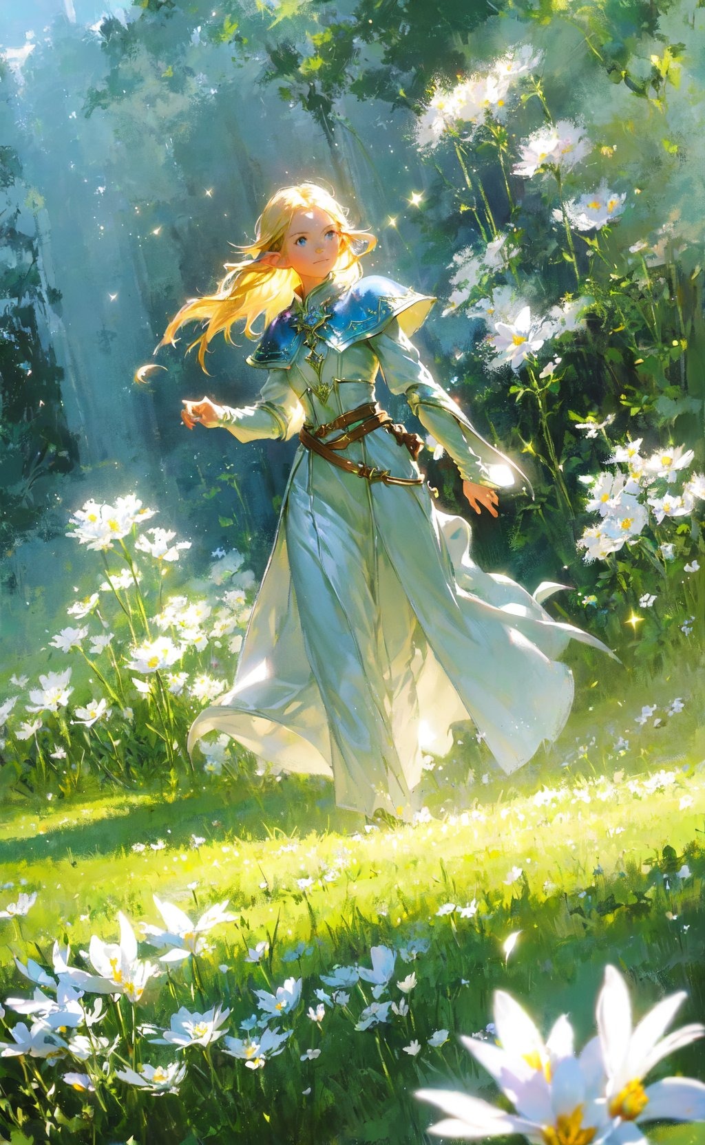 masterpiece, best quality, 1girl, elf adventurer walking through a field of white flowers, dutch angle, cinematic, volumetric lighting, sunbeam, soft lighting, mystical, magical, rim lighting, fantasy, sparkle, glittering