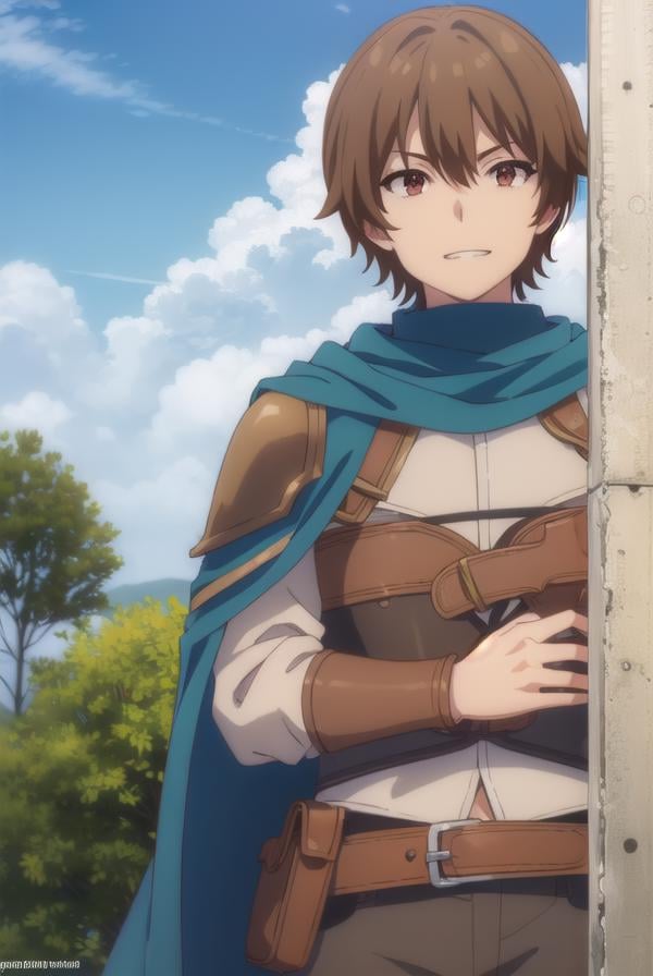 keyaru, <lora:keyaru s1-lora-nochekaiser:1>,keyaru, short hair, (brown eyes:1.5), brown hair, male focus, smile, grin,BREAK cape, armor,BREAK outdoors, forest, nature, grass, trees, sun, sky, clouds,BREAK looking at viewer, (cowboy shot:1.5),BREAK <lyco:GoodHands-beta2:1>, (masterpiece:1.2), best quality, high resolution, unity 8k wallpaper, (illustration:0.8), (beautiful detailed eyes:1.6), extremely detailed face, perfect lighting, extremely detailed CG, (perfect hands, perfect anatomy),