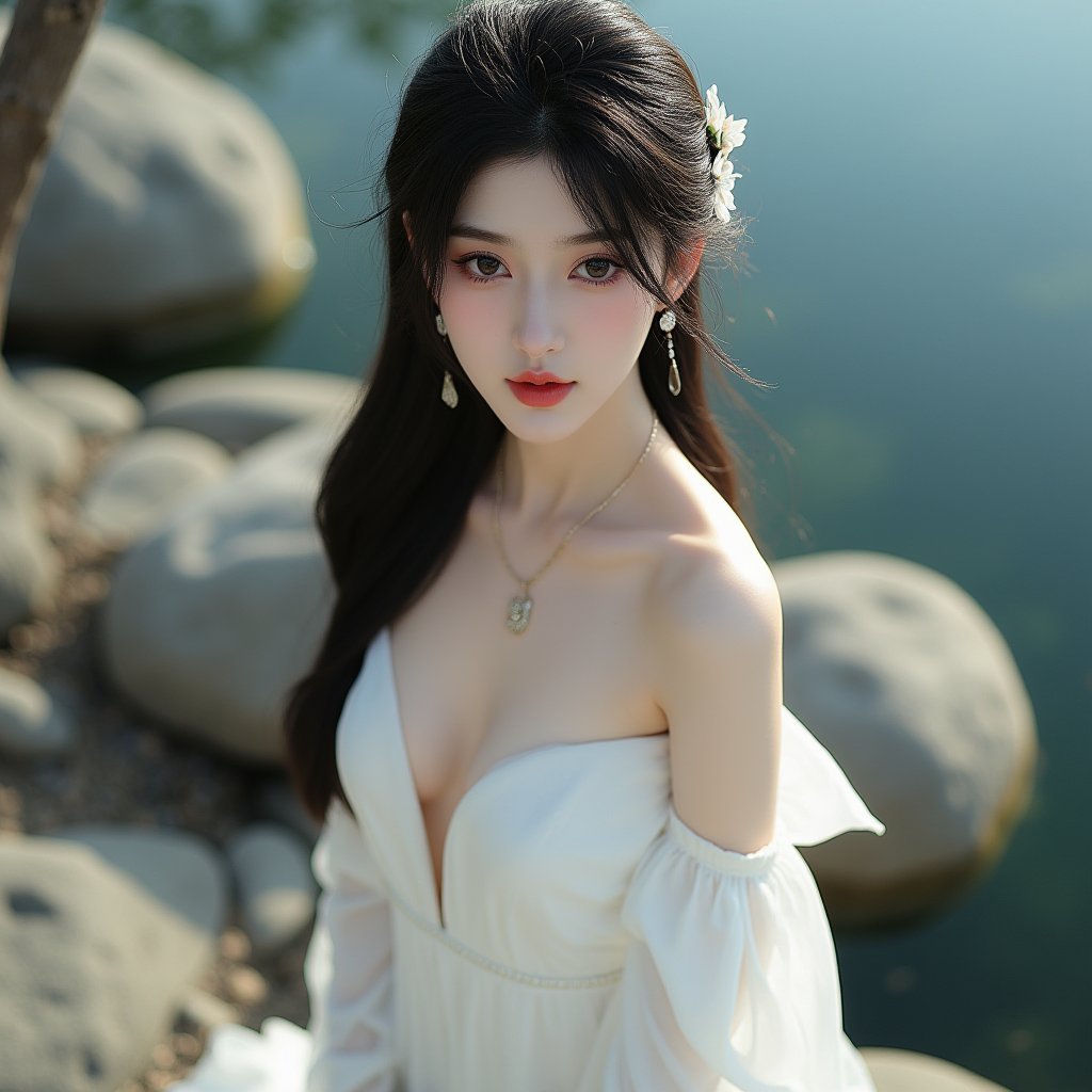 best quality,masterpiece,highres,seductive,1girl,hair ornament,tyndall effect,photorealistic,8k uhd,high quality,Photograph,high resolution,4k,8k,looking at viewer,RAW,cleavage,black hair,layered hair,long hair,sexy white dress,elegant,chinese girl,standing,outdoors,rock,lake,tree,flower,bush,beauty_face,shy,beautiful detail face,from above,off shoulders