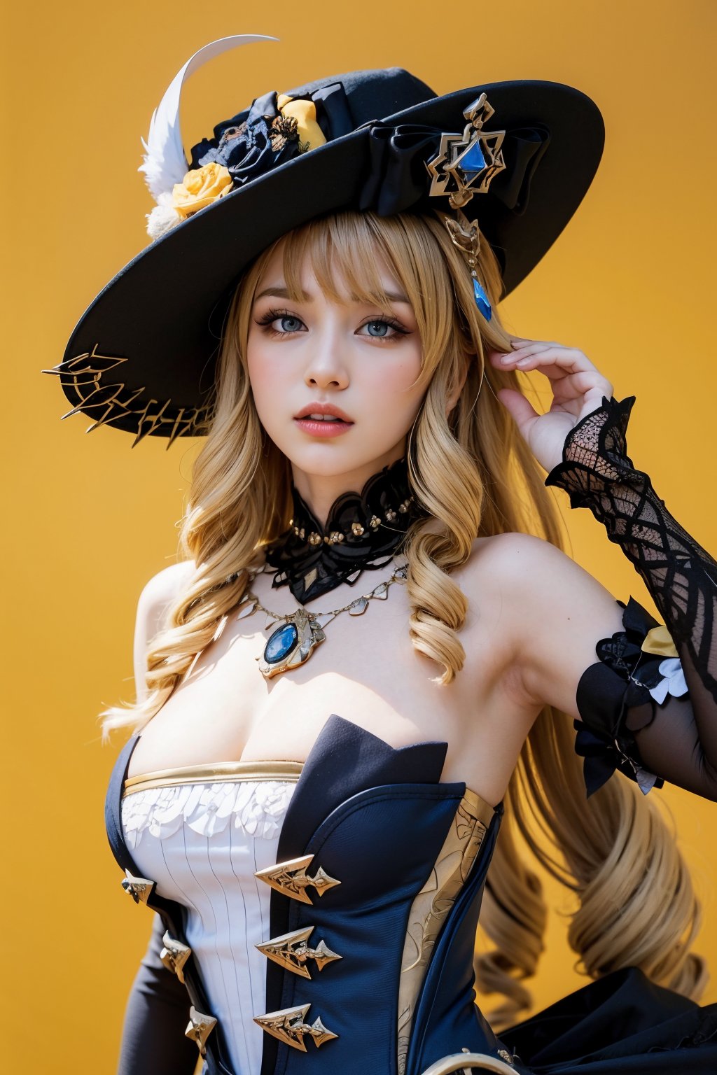 real life, 1girl, solo, GINavia, breasts, long hair, blonde hair, twin drills hair, long dress, hat, frills, single glove, looking at viewer, black simple background <lora:GINavia-v2-250:1>