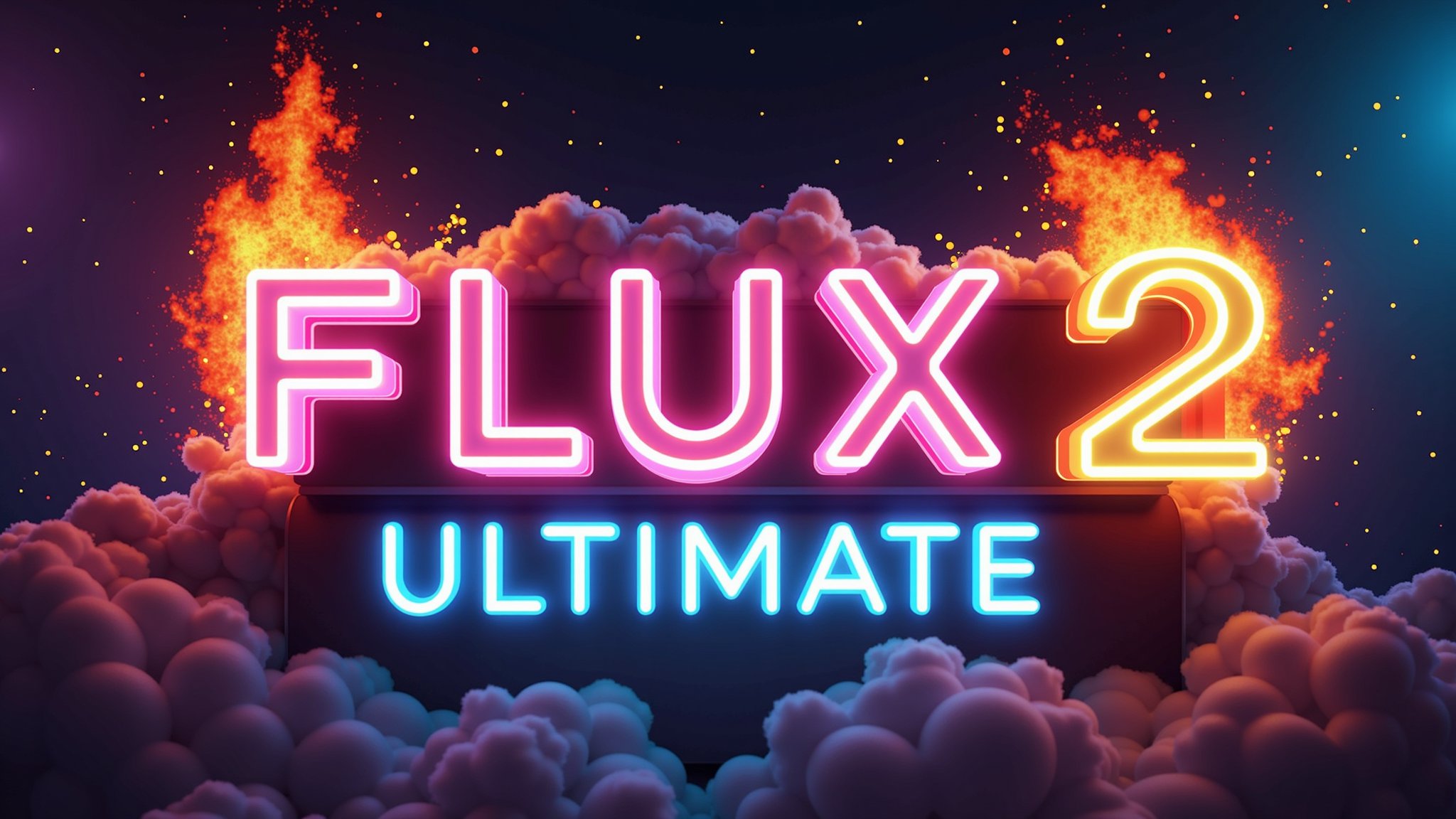 Logo in neon lights, 3D, colorful, modern, glossy, neon background,with a huge explosion of fire and smoke, the text reads 'FLUX 2 ULTIMATE ",