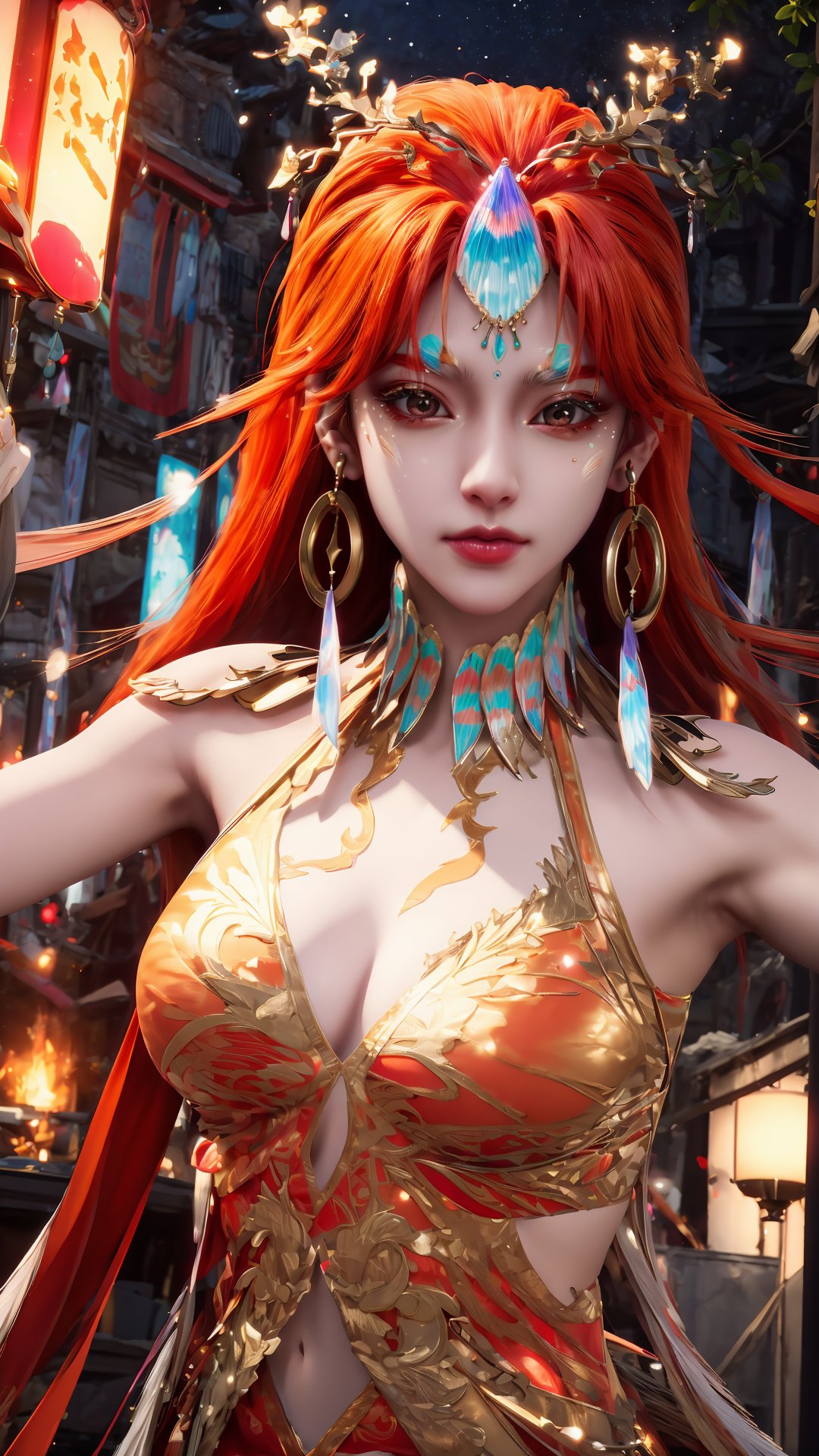 masterpiece,best quality,official art,extremely detailed CG unity 8k wallpaper,realistic,light rays,light particles,1girl,solo,red_hair,long_hair,breasts,jewelry,dress,medium chest,flame,rubble_ruins,night,starry_sky,long_hair,earrings,hair_ornament,hairpin,dynamic pose,looking at viewer,chinese_clothes,