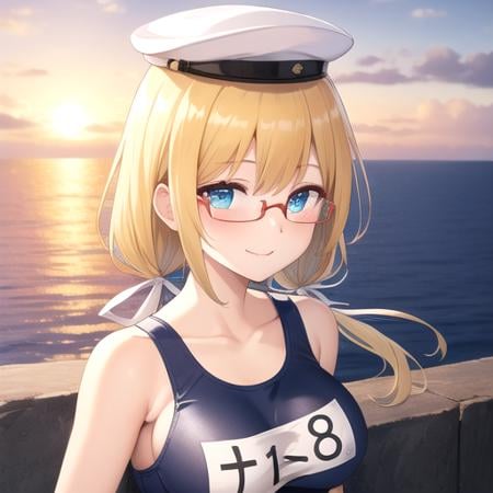 ((masterpiece)),(best quality),official art,extremely detailed CG,unity 8k wallpaper,ultra detailed,A lighthouse on a cliff by the sea,1girl,solo,upper body,(portrait:1.2),school_swimsuit,name_tag,blue_one-piece_swimsuit,blonde_hair,low_twintails,white_thighhighs,sailor_hat,semi-rimless_eyewear,blue_eyes,peaked_cap,red-framed_eyewear,large_breasts,looking_at_viewer,long_hair,smile,white_headwear,<lora:I8(kan)>,