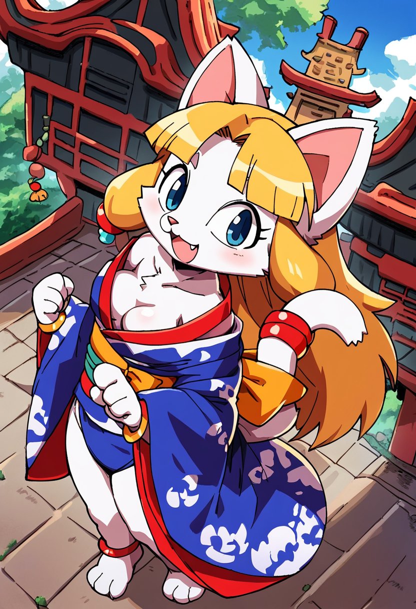 1girl, furry, anthro, solo, solo focus, female focus, shortstack, petite figure, medium breast, flat color, white fur, red accent, blonde long hair, animal nose, cat ears, large ears, bracelet <lora:Tojyo style v1.0:1> aku tojyo, colored picture, drawing, flat color, from above, cute, kimono, traditional dress, japanese clothing, wife clothing, paradise packground, holiday theme, ancient temple, japanese culture, spirits, outdoor, house, zPDXL,  score_9, score_8_up, score_7_up, score_6_up, score_5_up, score_4_up