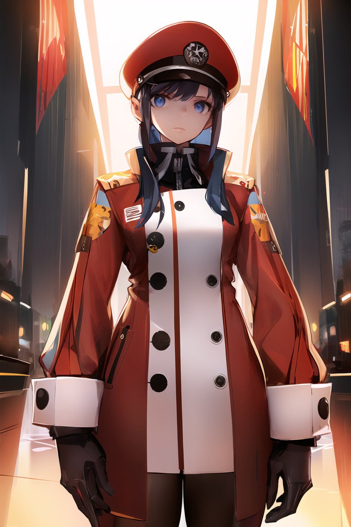 (masterpiece, best quality:1.2), <lora:style_panamaman-20:1>, (thick outlines, cinematic lighting:1.2), solo, 1girl, expressionless, closed mouth, dark blue hair, bangs, sidelocks, peaked cap, black eyes, military uniform, aiguillette, long sleeves, wrist cuffs, gloves