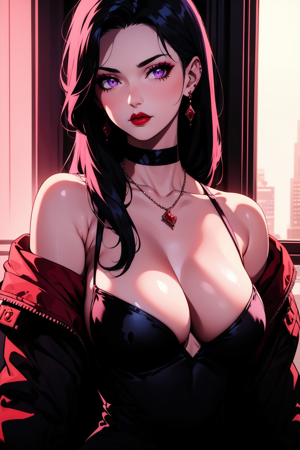 bznoir, 1girl, solo, long hair, breasts, looking at viewer, large breasts, black hair, dress, cleavage, jewelry, purple eyes, jacket, cowboy shot, earrings, choker, necklace, off shoulder, black dress, makeup, lipstick, red lips, low light, glowing<lora:EMS-323506-EMS:1.000000>