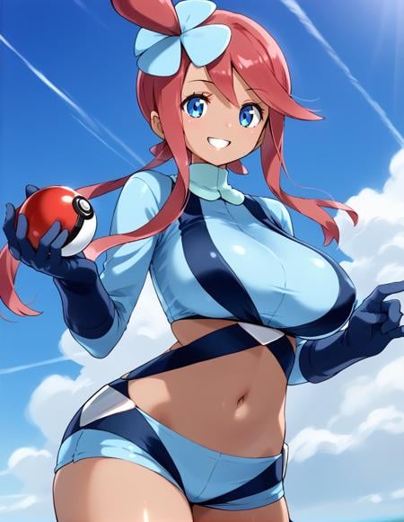 1girl,<lora:skyla_pony:1>,skyla_(pokemon),dark skin,large breasts,hair ornament,navel,poke ball,smile,team rocket uniform,