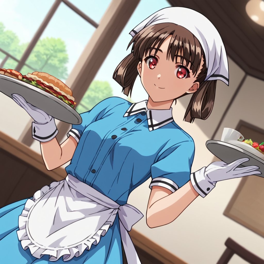 score_9, score_8_up, score_7_up, score_6_up, score_5_up, score_4_up, source_anime,soratani natsuki, red eyes, brown hair, hair rings,1girl, solo, smile, apron, blue shirt, blue skirt, frilled apron, frills, gloves, head scarf, shirt, short sleeves, skirt, uniform, waist apron, waitress, white apron, white gloves, food, tray, food tray, indoors, restaurant, looking at viewer, dutch angle, masterpiece, perfect face, best quality, beautiful girl, cute girl, beautiful eyes, shiny eyes, anime coloring, anime screencap, absurdres, award winning, <lora:soratani natsuki pony:0.8>