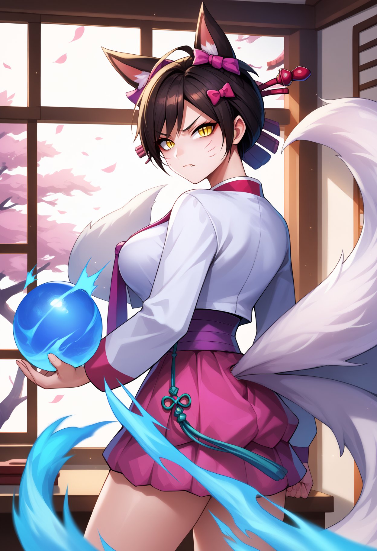 score_9,score_7_up, ahridynasty, animal ears, facial mark, fox tail, multiple tails, white tails, short hair, black hair, large breasts, hair Ornament, hair stick, korean clothes, hanbok, bow, ribbon, long sleeves, pink skirt, [upper body|cowboy shot], closed mouth, cute fang, serious, v-shaped eyebrows, yellow eyes, slit pupils, looking at viewer, looking back, twisted torso, (arm at side), floating clothes, indoors, debris, east asian architecture, after battle, hand up, open palm, blue orb, swirls, energy, blue fire, thighs, shaded face, <lora:Ahri_Dynasty_pdxl_Incrs_v1:1>