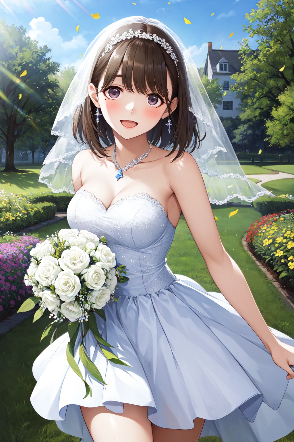 masterpiece, best quality, highres, aanene, short hair, <lora:anegasaki_nene_v1:0.7>, smile, open mouth, standing, cowboy shot, bridal veil, wedding dress, white dress, strapless, necklace, garden, confetti, (holding bouquet:1.2)