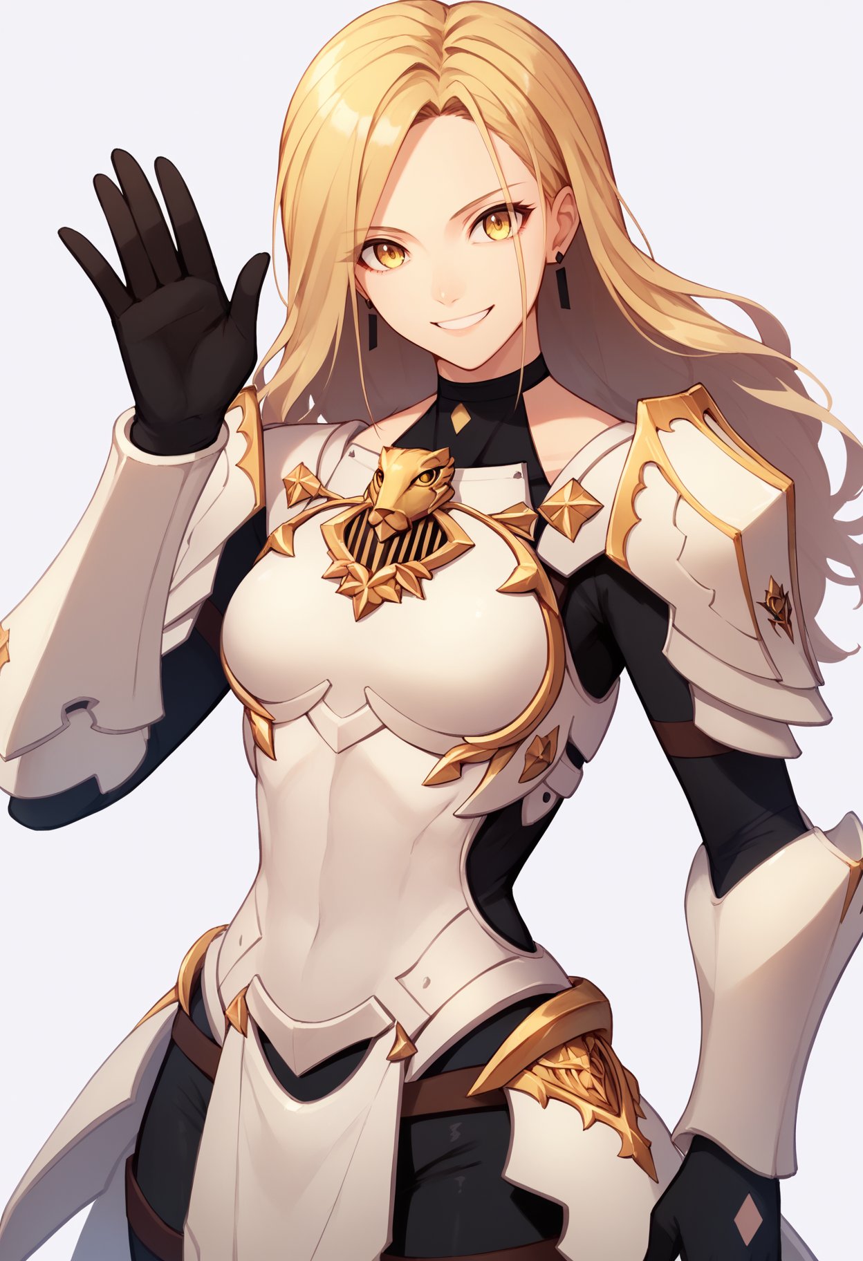 score_9, score_8_up, score_7_up, score_6_up, score_5_up, score_4_up, BREAK,1girl, kisara, blonde hair, long hair, yellow eyes, earringsarmor, bodysuit, gloves, shoulder armor,waving, smile, looking at viewer, solo, simple background, white background   <lora:KisaraXL:1>