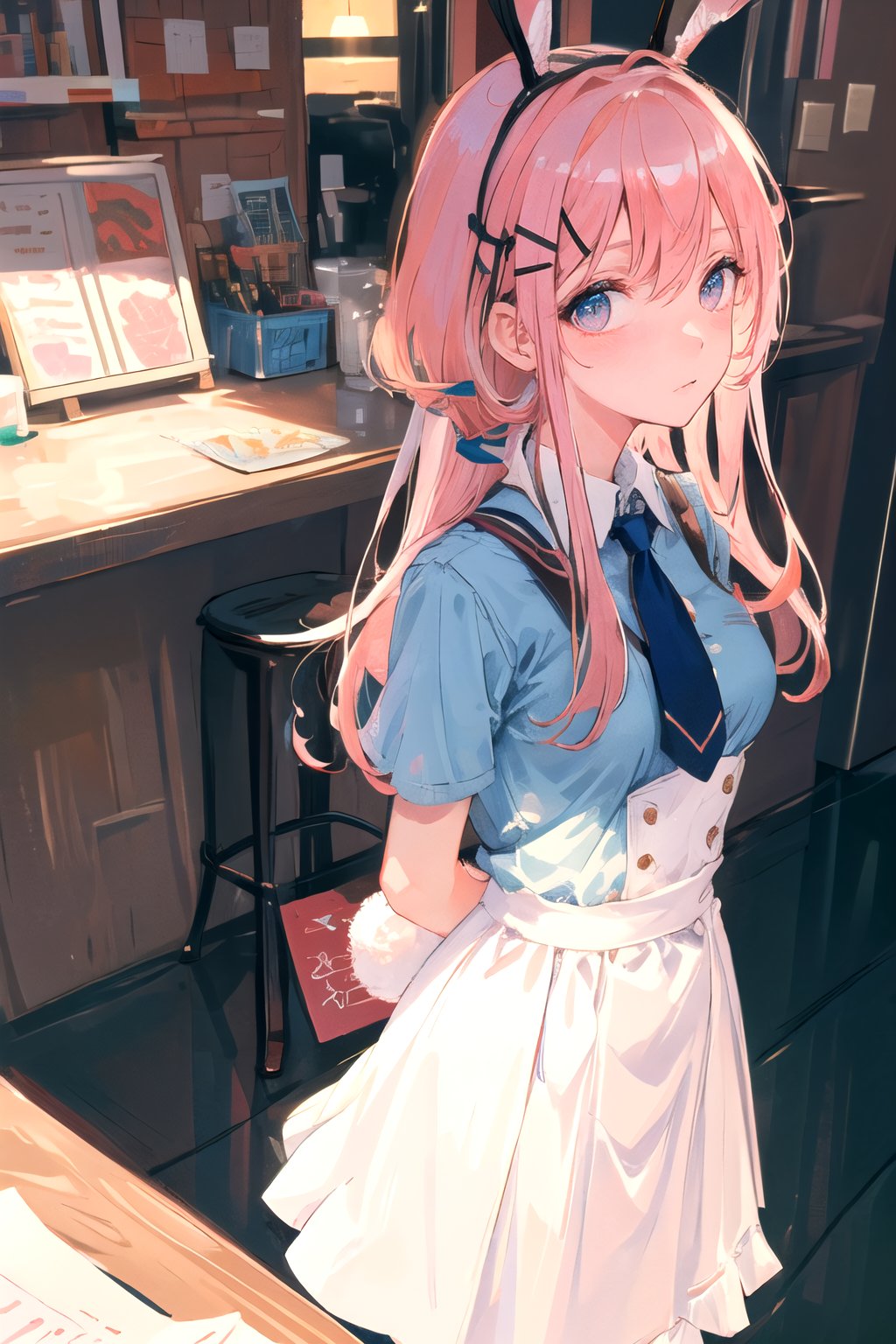 masterpiece, best quality, ultra-detailed, illustration,(1girl),beautiful detailed eyes, looking at viewer, close up, (breast focus), (arms behind back:1.2),  pink hair, shy,Rabbit hairpins