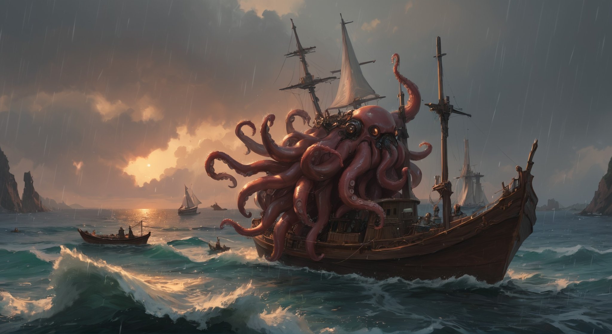 score_9, score_8_up, score_7_up, BREAK, AUTOMATON, cinematic giant octopus, ocean, fantasy, rain, thunder, boat