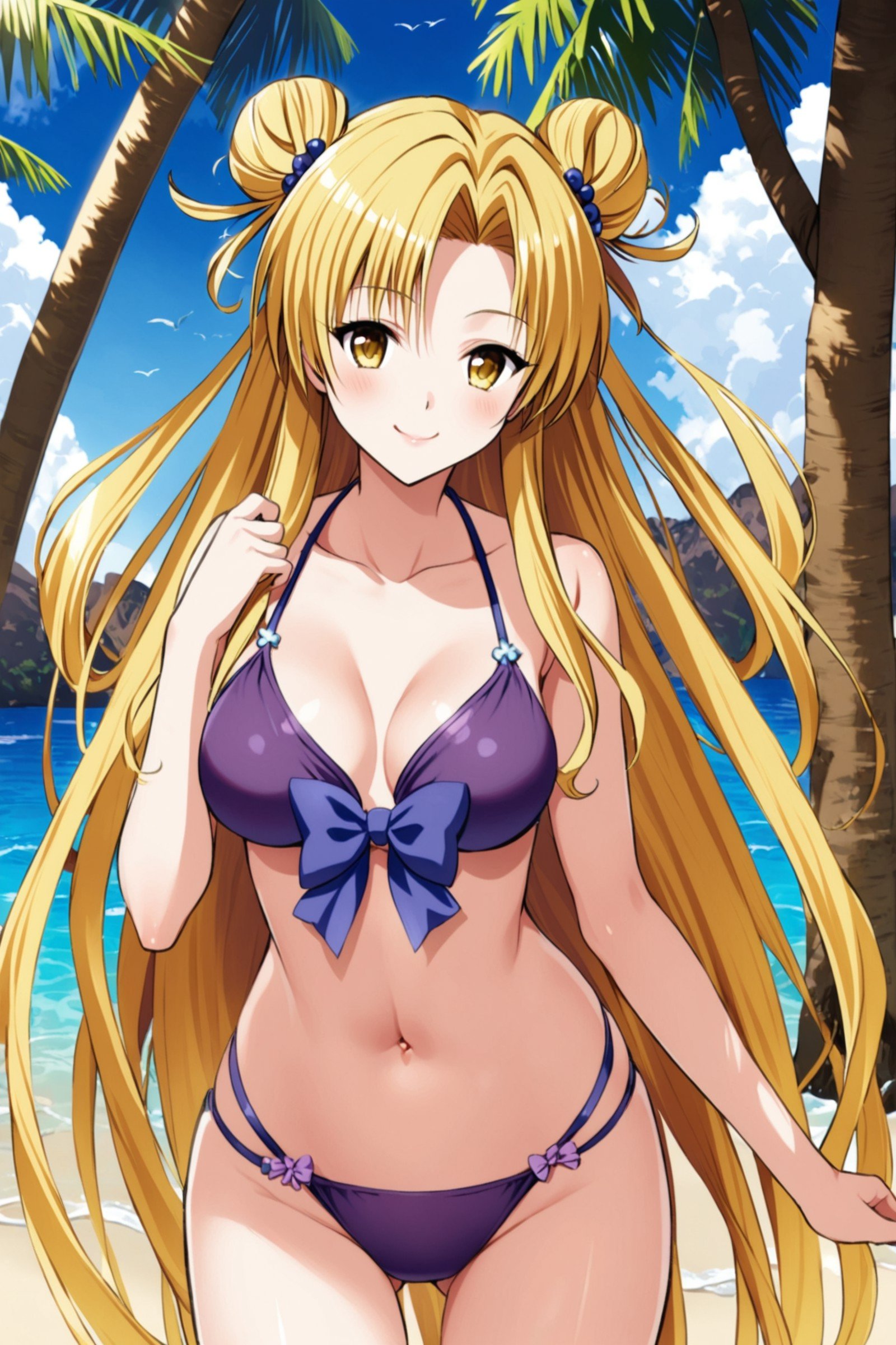 Tenjiuin Saki,1girl,solo,purple swimsuit,bikini,breasts,blonde hair,long hair,smile,navel,hair bun,medium breasts,double bun,bow,looking at viewer,ass visible through thighs,yellow eyes,collarbone,drill hair,bangs,thigh gap,standing,parted bangs,very long hair,ocean,tree,<lora:Yabuki Kentarou_XL_netaArt:0.8>,