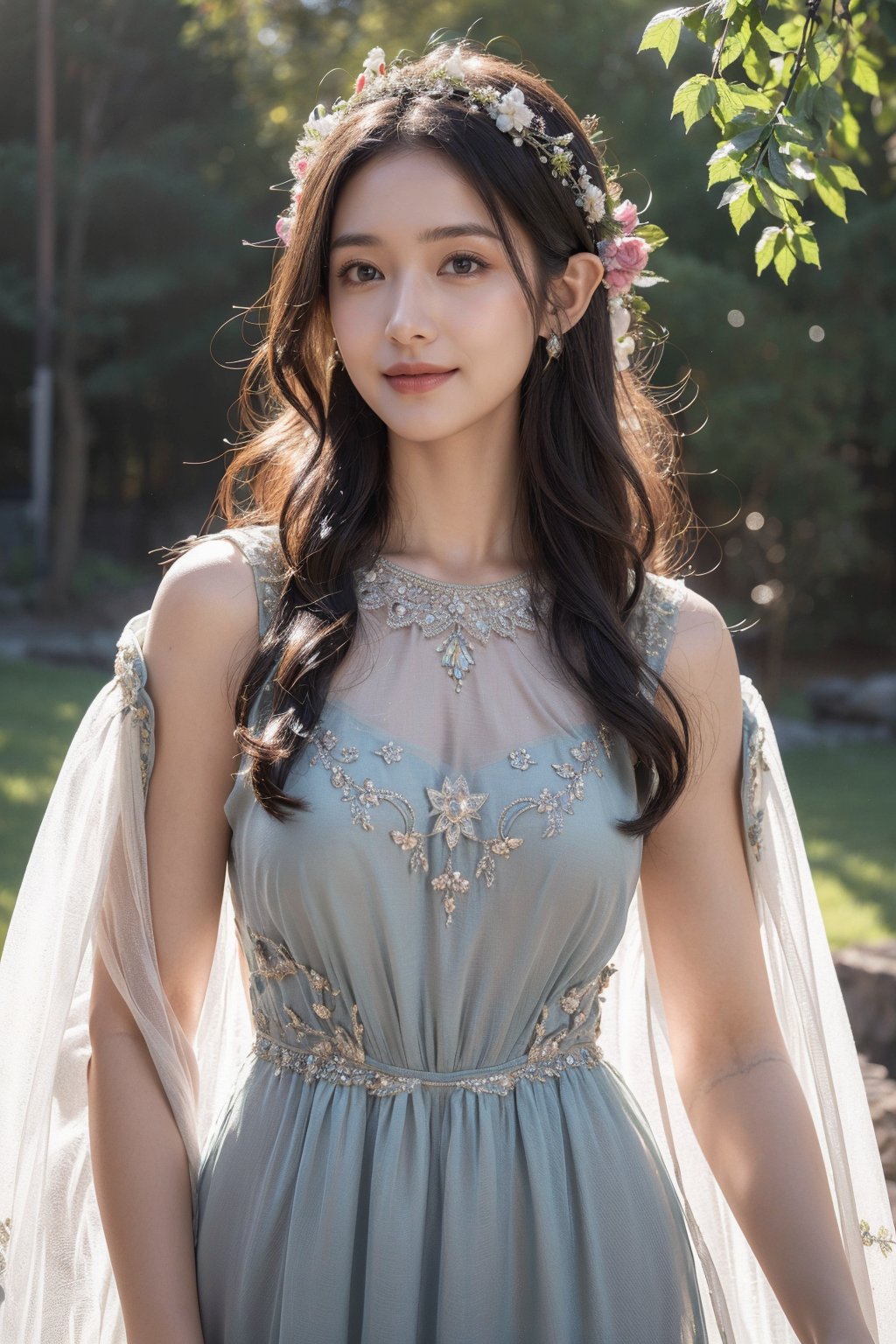 masterpiece,best quality,ultra high res,photorealistic,upper body,1girl,smile,Elven-inspired gown with flowing chiffon and intricate embroidery,mottled sunlight,simple background,