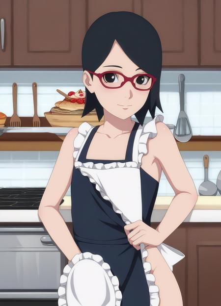 score_9, score_8_up, score_7_up,1girl,sarada,black hair,short hair,red eye frame glasses,detailed face, masterpiece,best quality, shiny , <lora:sarada:1>   wearing an apron,flat chest,kitchen,black eyes